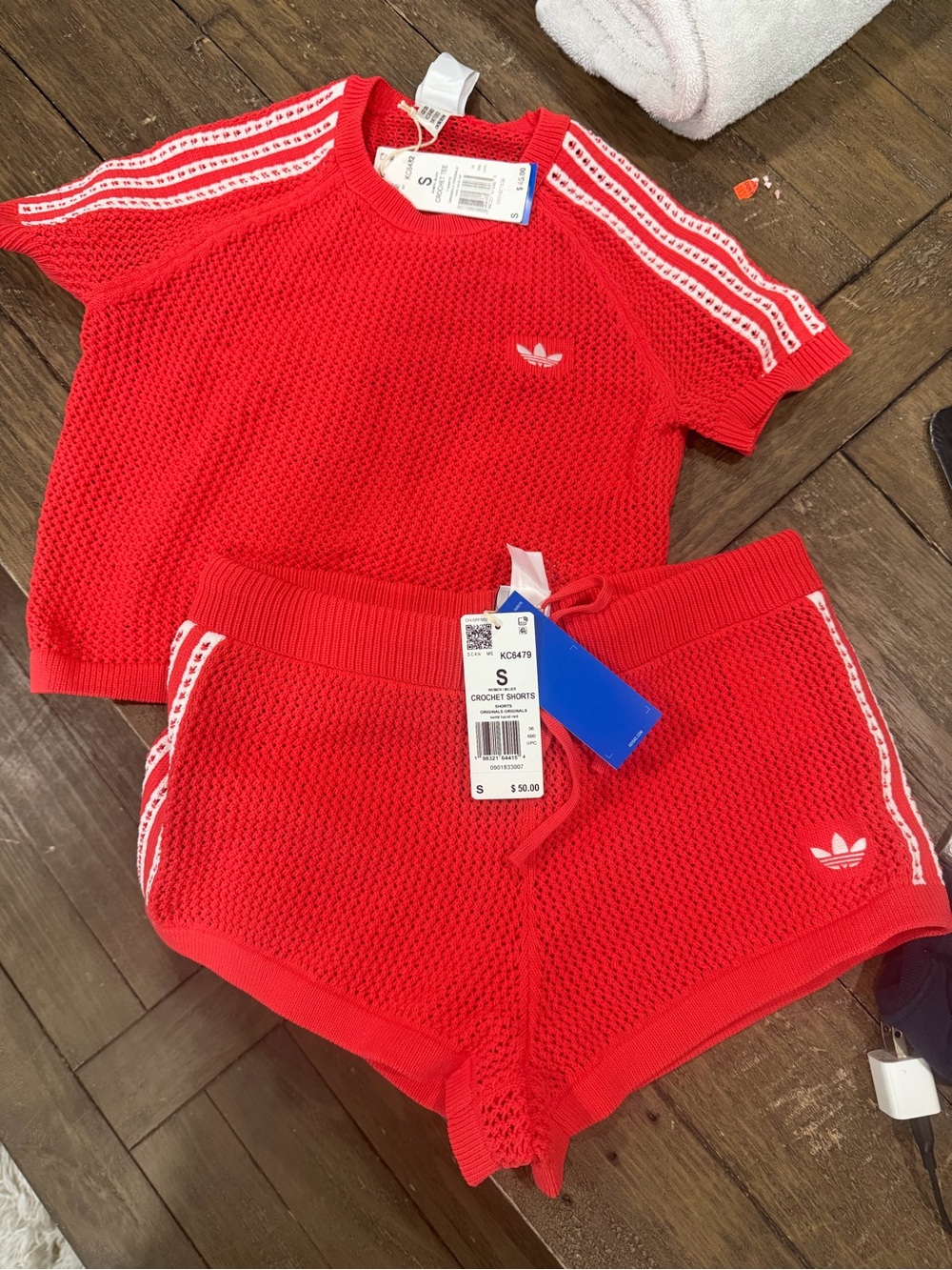 adidas Red crochet Two-Piece Tee and Shorts Set